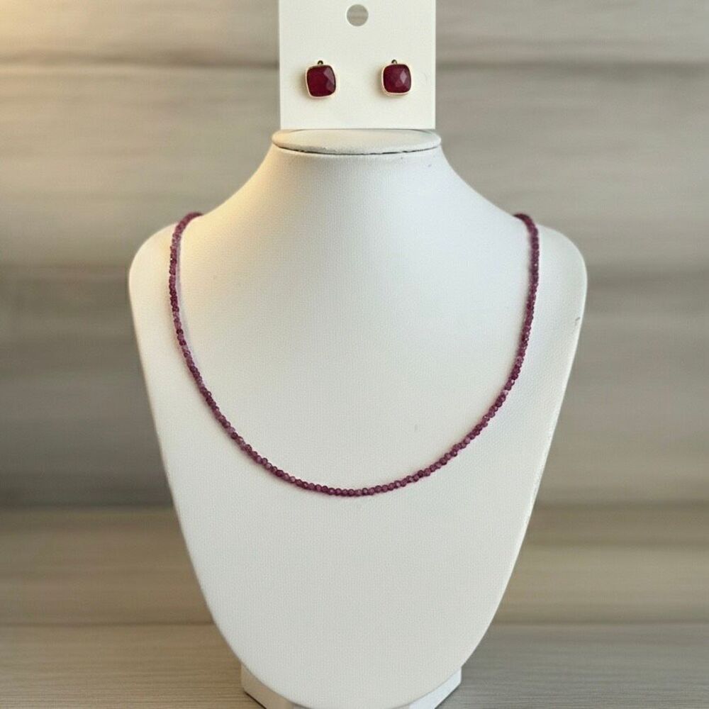 Genuine Ruby Beaded Necklace & Checkerboard-Cut Ruby Stud Earrings Gold Vermeil